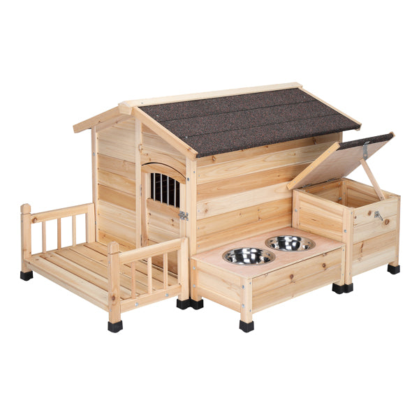 Dog Pet House with Food Bowl Tray and Storage Cubby